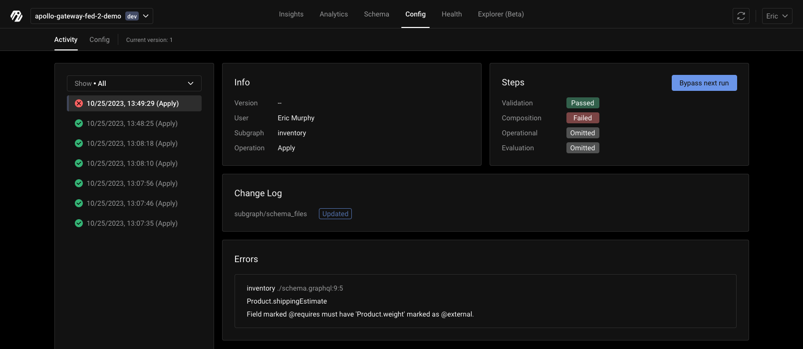 Results of the failed schema composition in the Inigo cloud